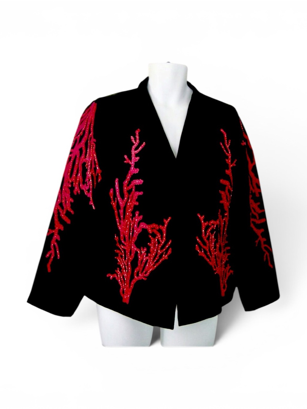Z Vintage Womens Hawaiian KULAKULA Black/Red Beaded 100% Silk Jacket XL